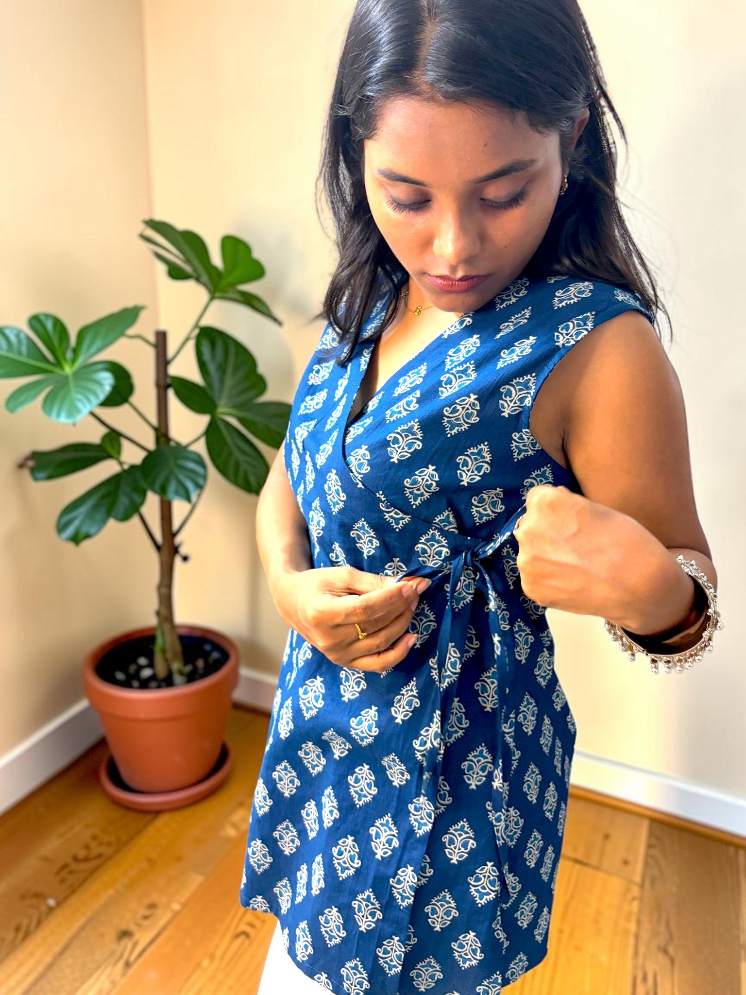 Block-Printed Wrap Kurta — Indigo Blue