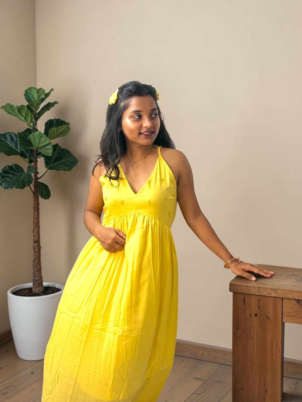 Embroidered Open-Back Maxi Dress — Sunshine Yellow