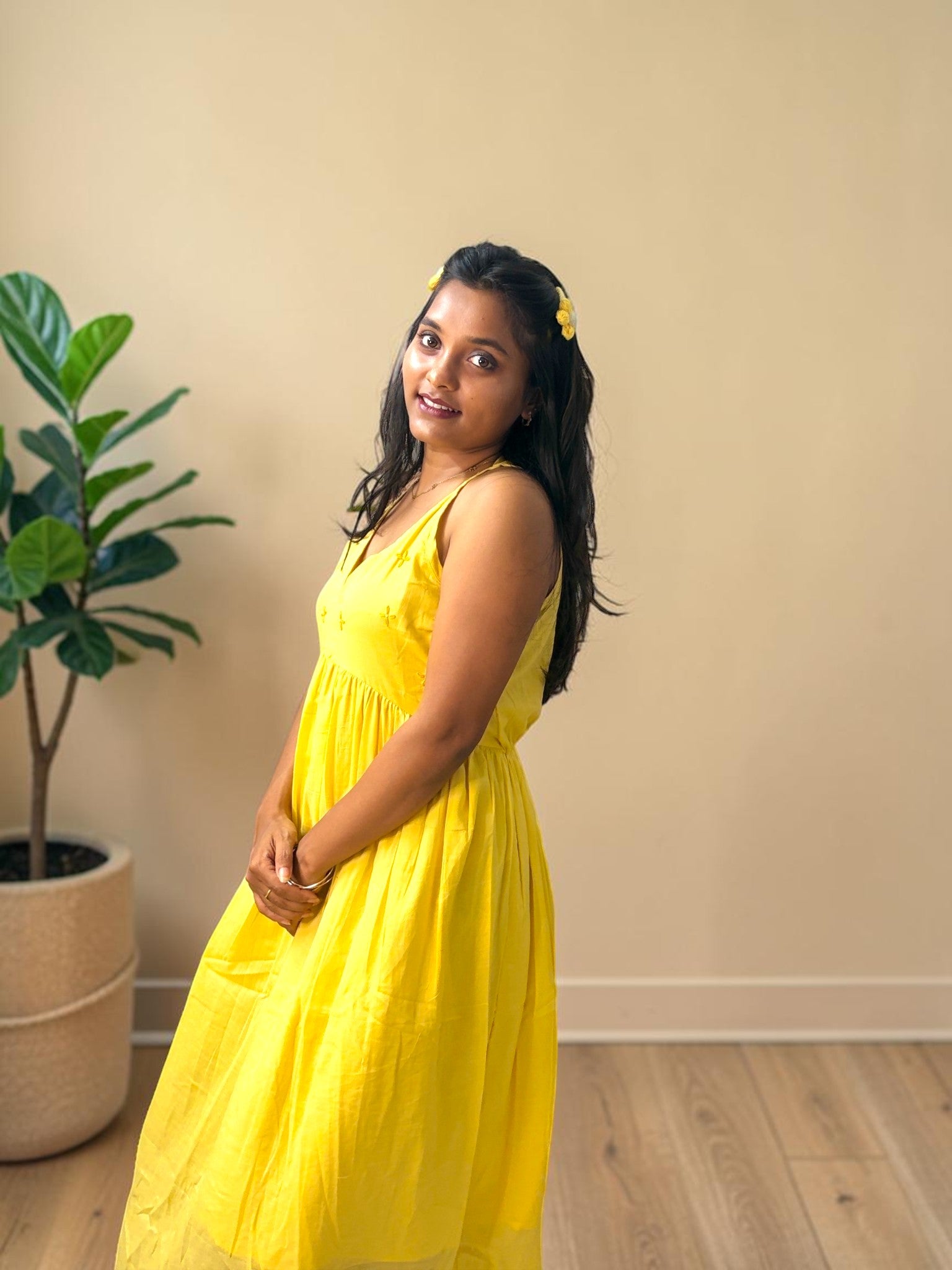Embroidered Open-Back Maxi Dress — Sunshine Yellow – Vasanam