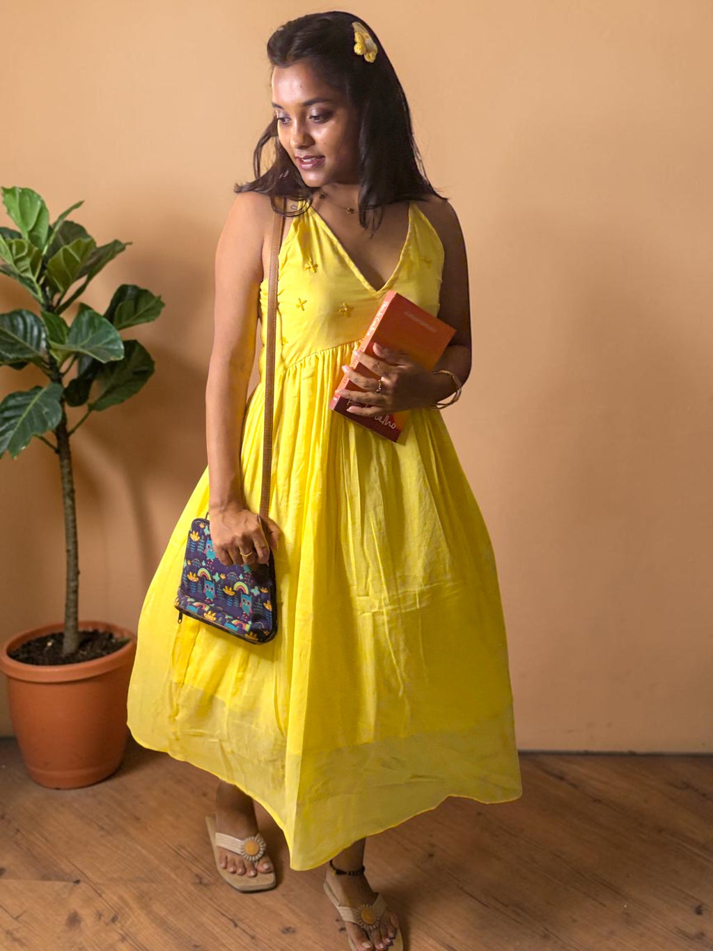 Embroidered Open-Back Maxi Dress — Sunshine Yellow
