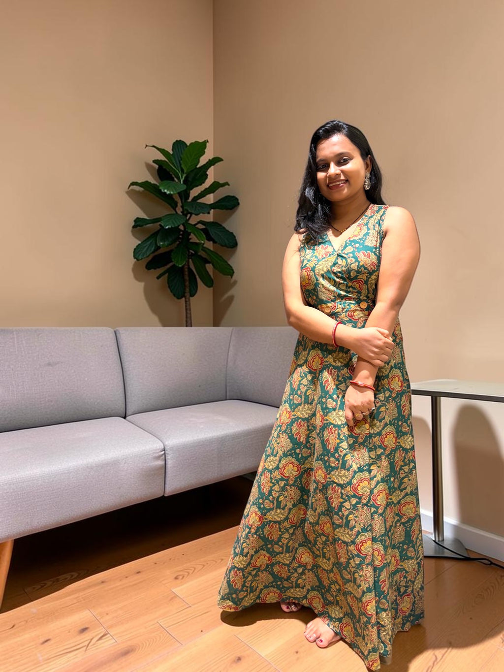 Kalamkari Floral Wrap Maxi Dress — Forest Green