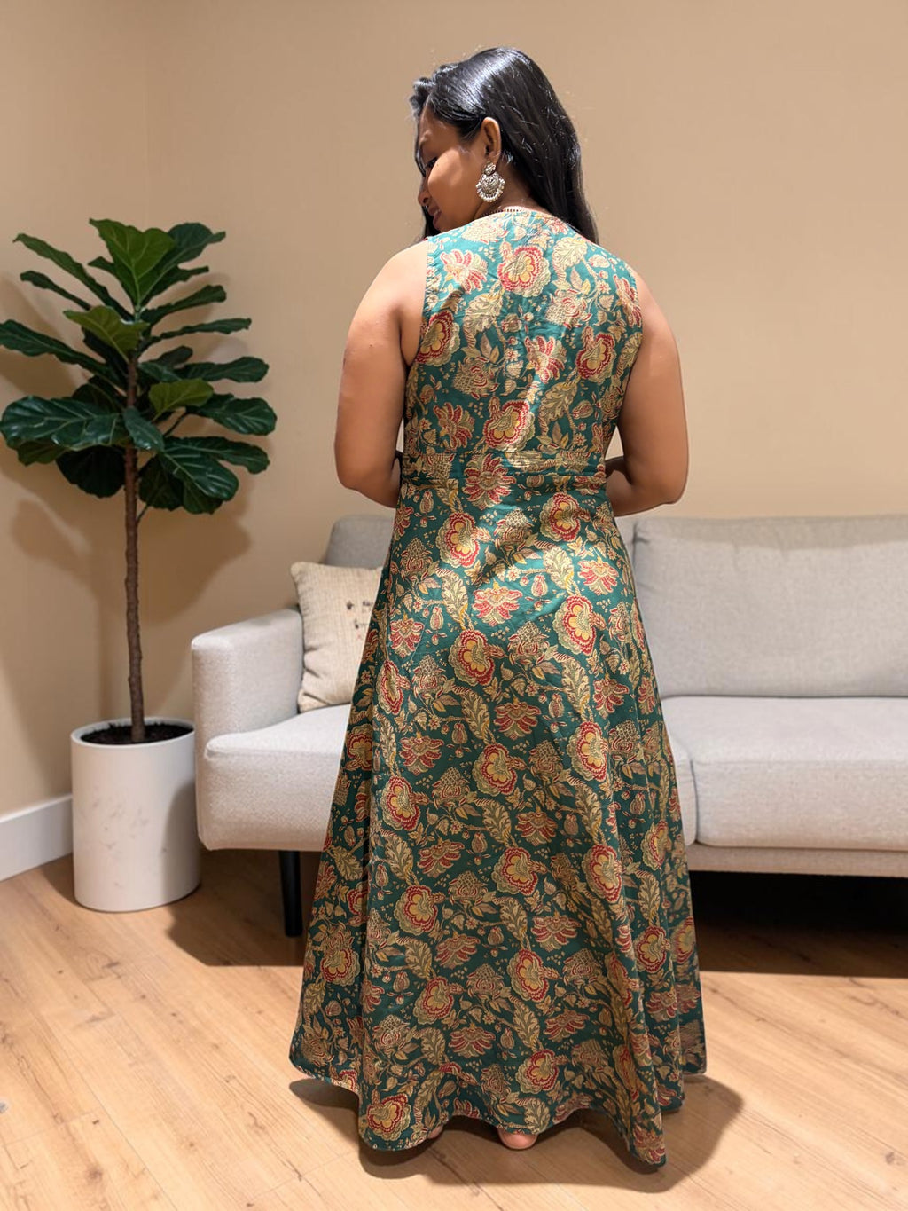 Kalamkari Floral Wrap Maxi Dress — Forest Green