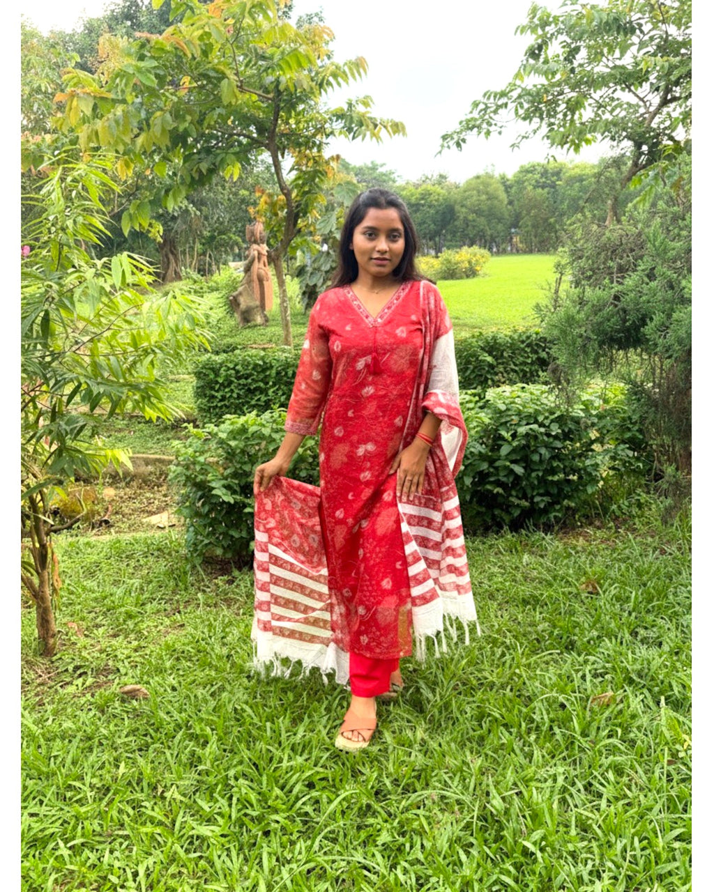 Red Floral Kota Doria Kurta, Pant & Dupatta Set