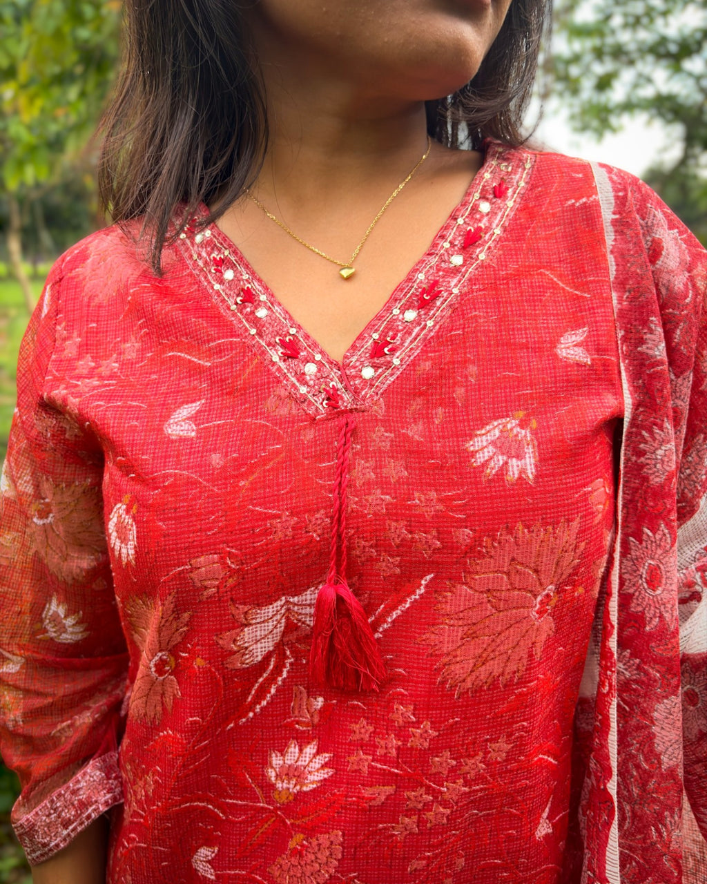 Red Floral Kota Doria Kurta, Pant & Dupatta Set