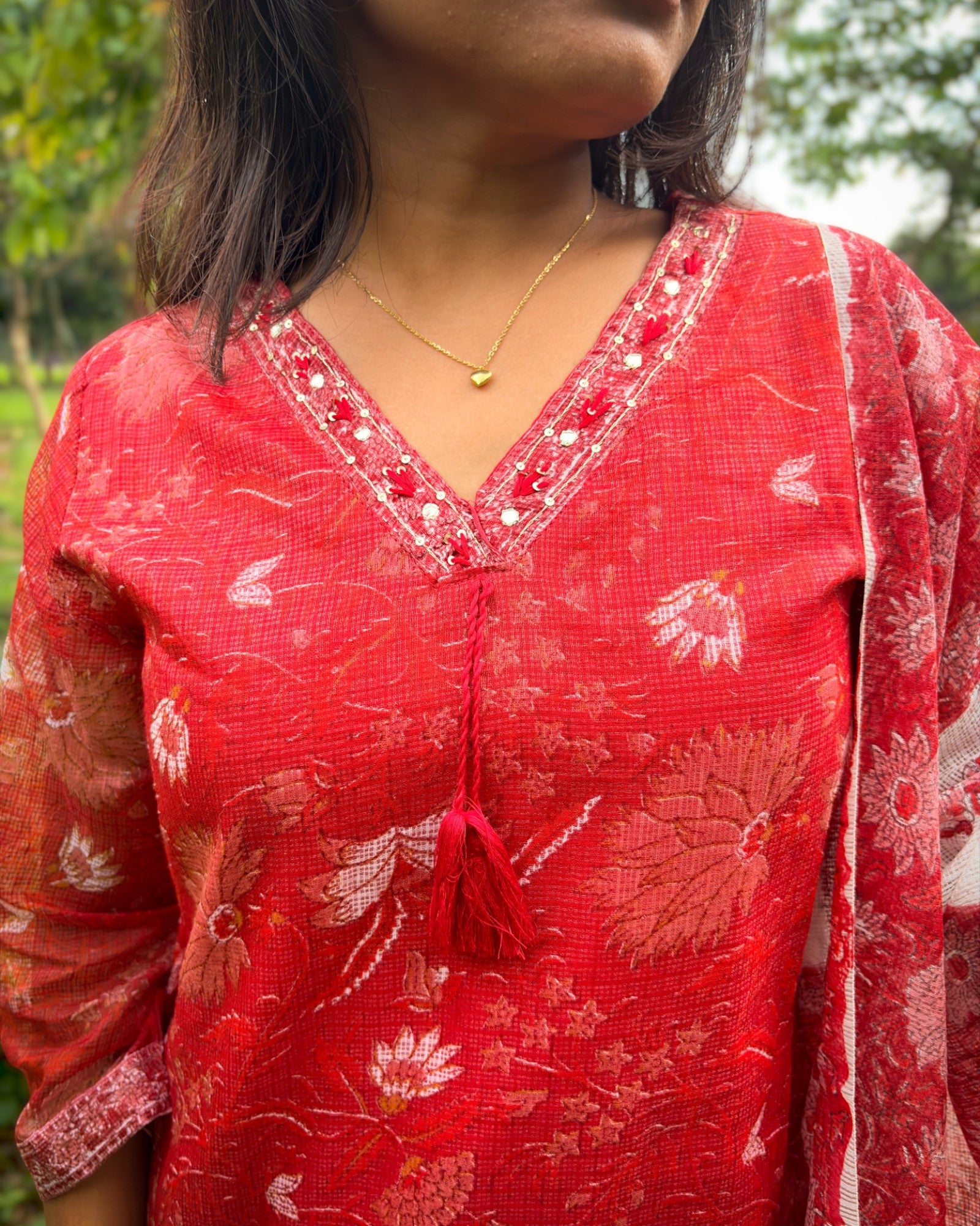 Red Floral Kota Doria Kurta, Pant & Dupatta Set