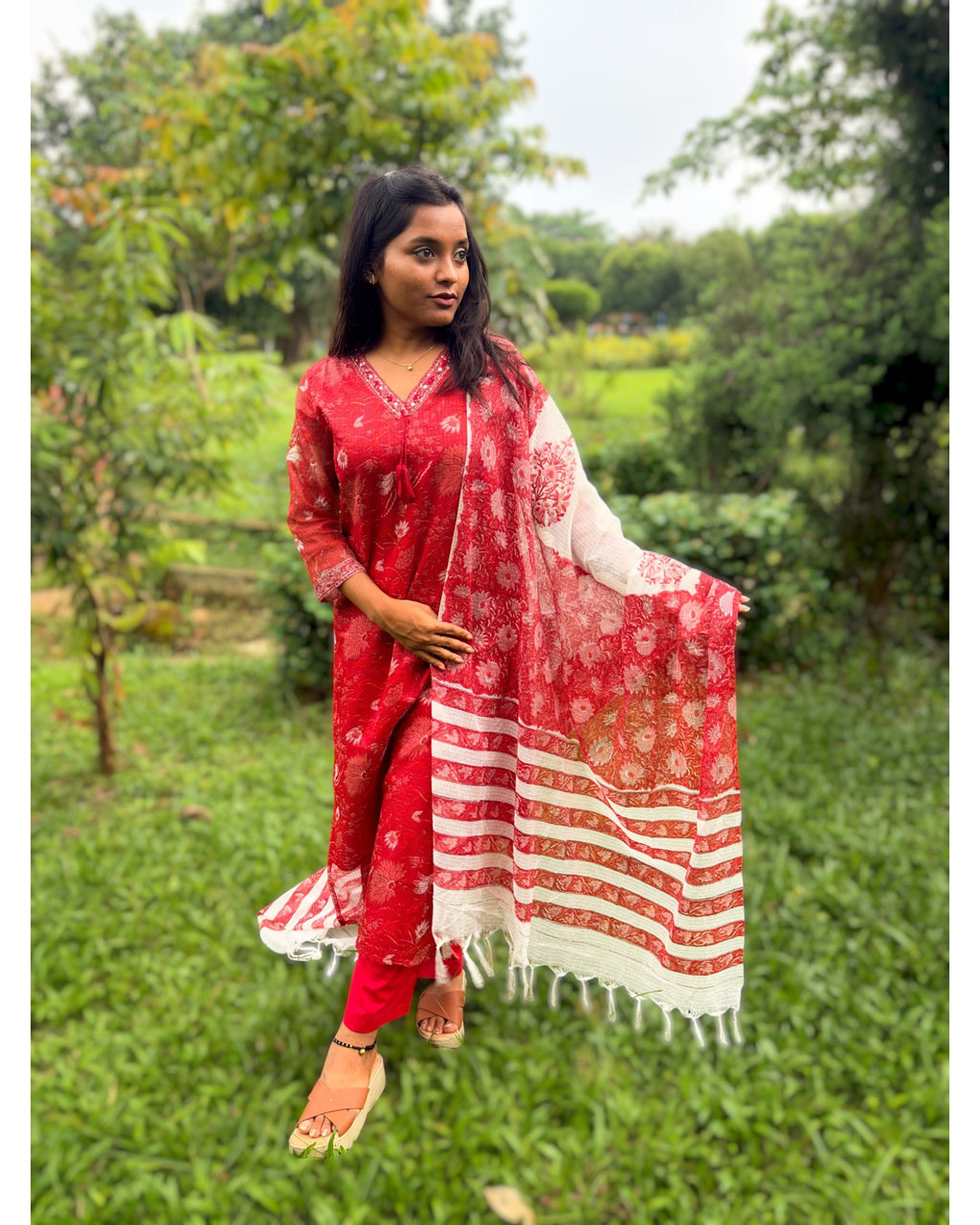Red Floral Kota Doria Kurta, Pant & Dupatta Set