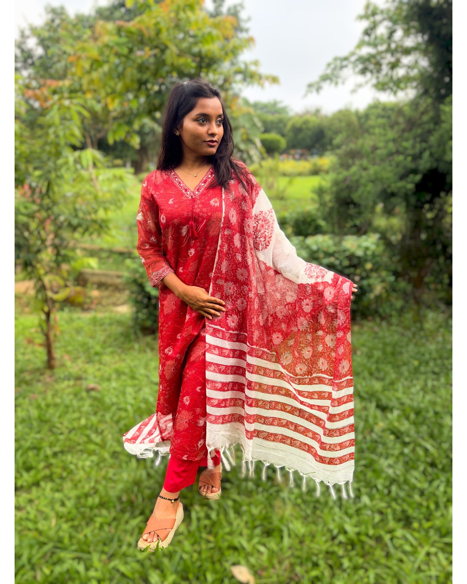 Red Floral Kota Doria Kurta, Pant & Dupatta Set