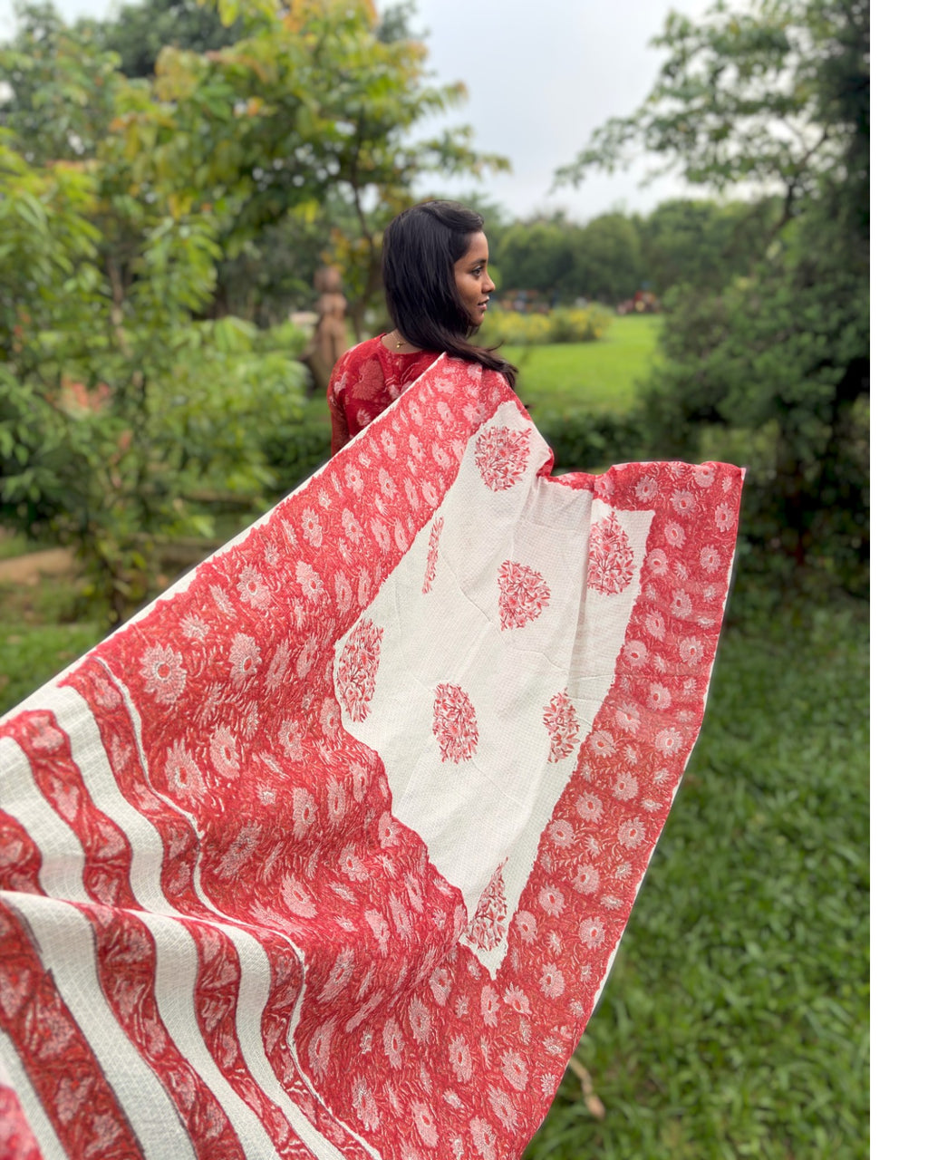 Red Floral Kota Doria Kurta, Pant & Dupatta Set