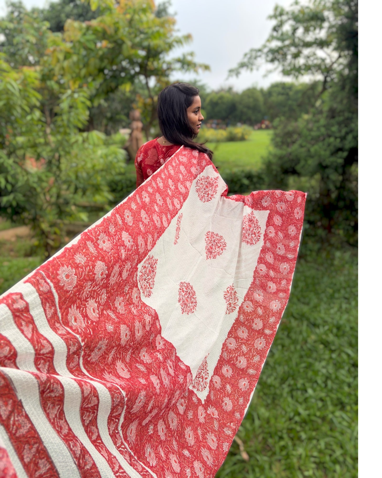 Red Floral Kota Doria Kurta, Pant & Dupatta Set
