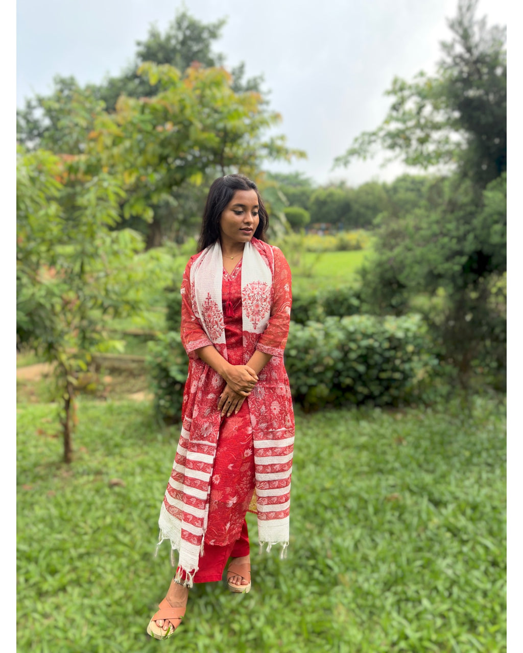 Red Floral Kota Doria Kurta, Pant & Dupatta Set